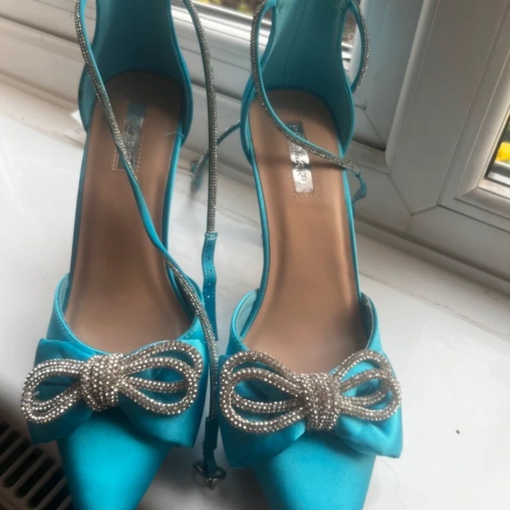 Primark Blue Satin Heels with Silver Bow